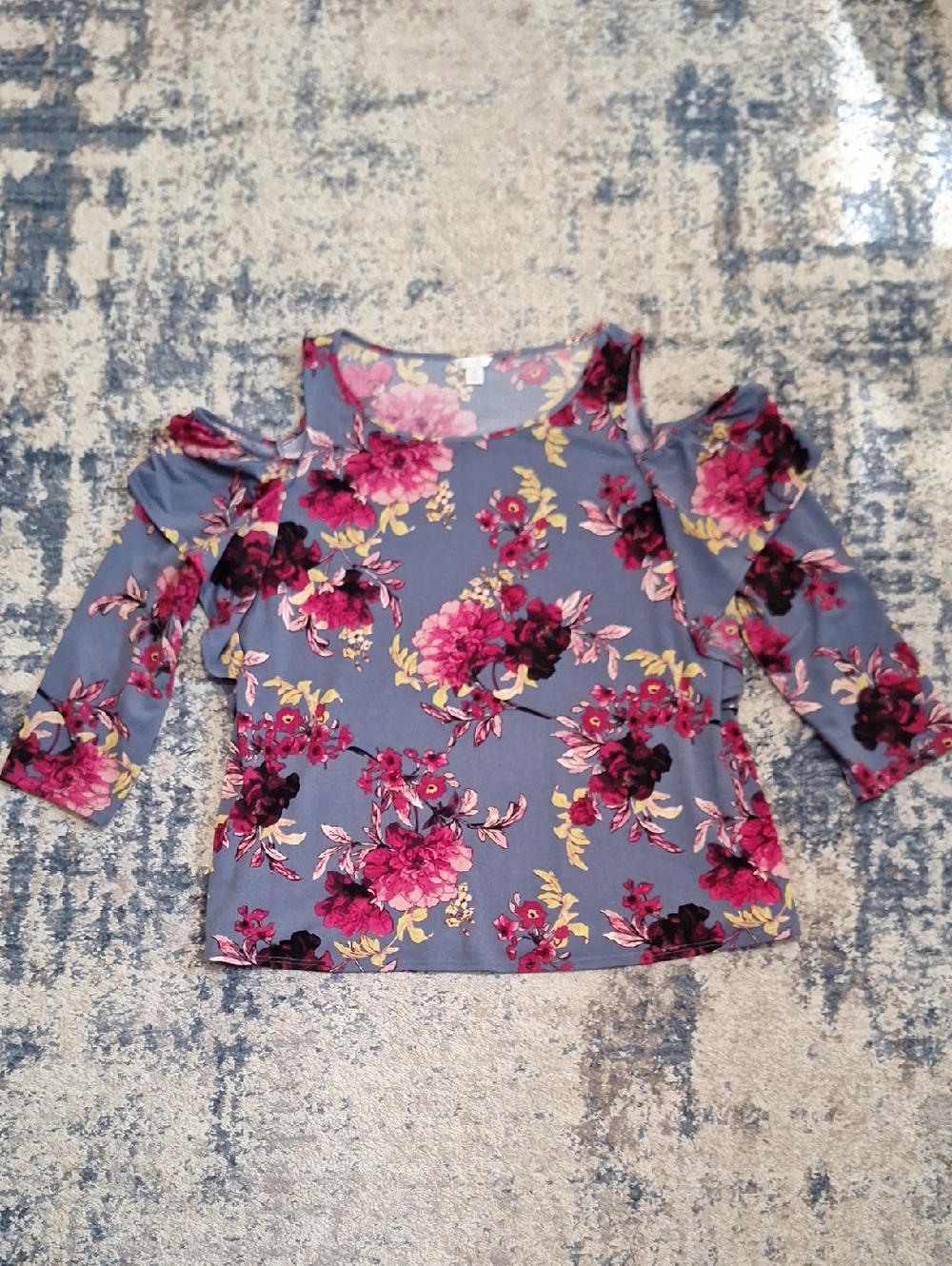 Cato's Women's Floral Cold-Shoulder Blouse in Dusty Blue and Fuchsia Size Medium